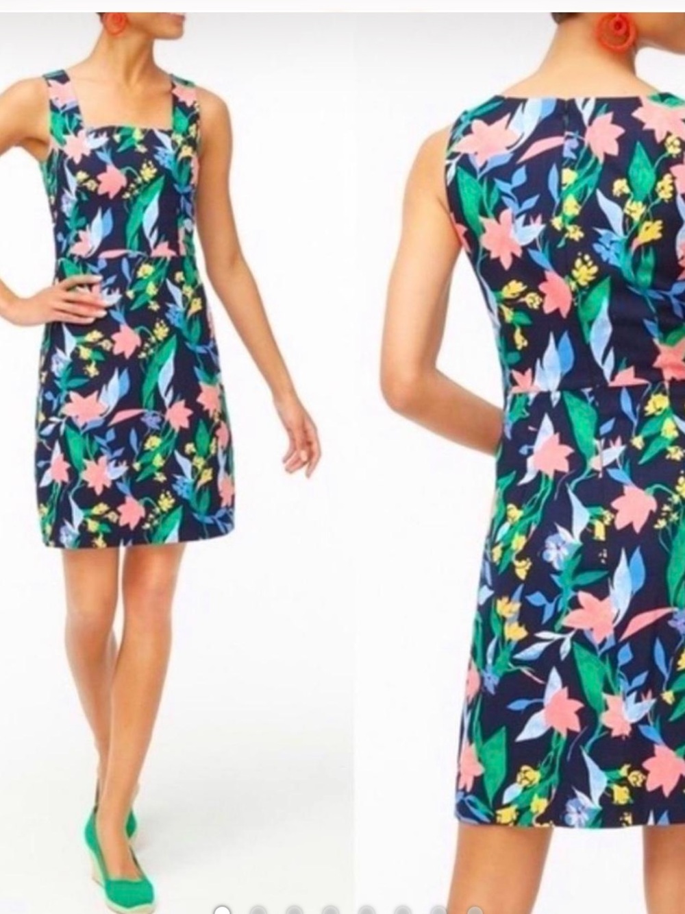 J. Crew Navy Floral Square-Neck Mini Dress with Pink & Green Print